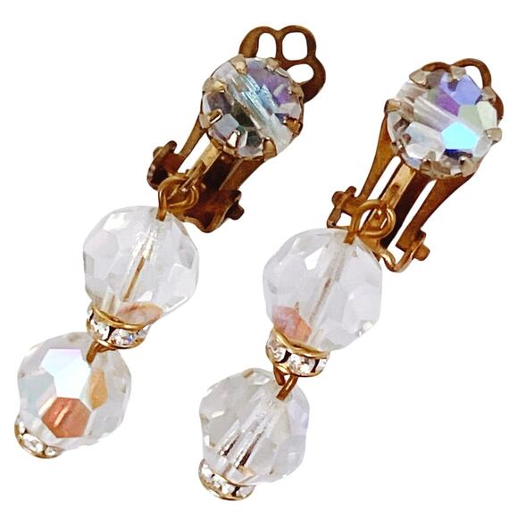 Vintage Mid Century AB Crystal Cocktail Earrings 1950s 1960s Gold Tone Clip On - Picture 1 of 15
